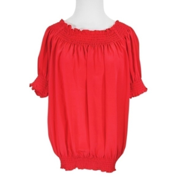 KAREN Kane smocked bright coral silk blouse size medium - Picture 1 of 4
